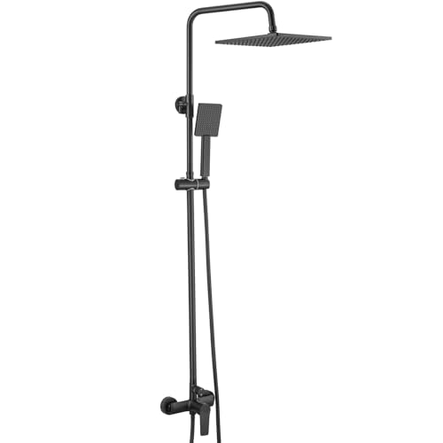 Auralum Columna Ducha con Mezclador Negro Mate, Barra Extensible 124cm, Conjunto de Ducha con Rociador Cuadrado 10