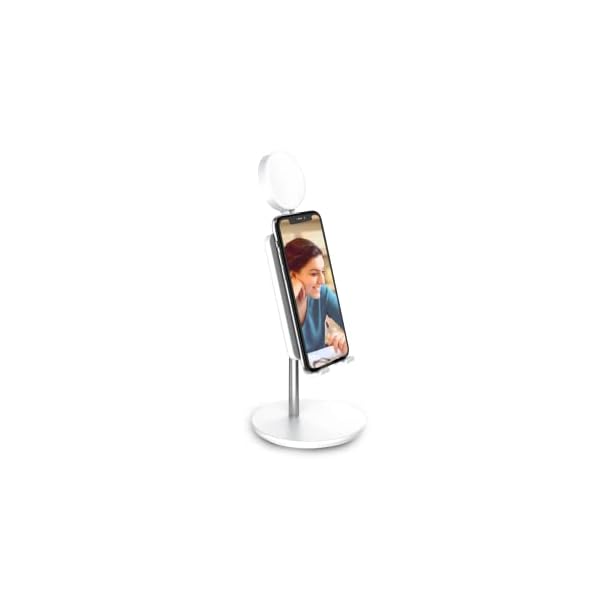 digipower Shine Smartphone-Ständer mit 3" Ringlicht, höhenverstellbare Tisch Handy-Halterung, Multi-Winkel, für Videocalls am Arbeitsplatz und Home Schooling, weiß, DP-WSH-PH3