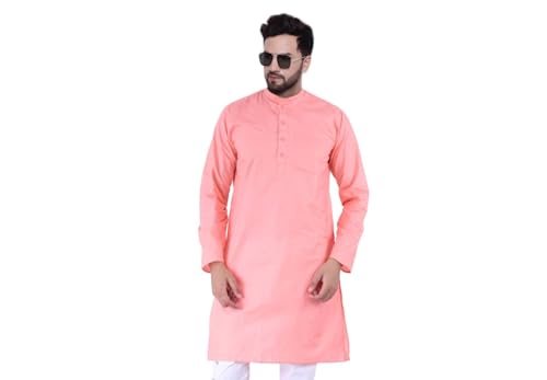 Image of Men's Cotton Blend Blend Knee Length Solid Color Style Stright Long Mandrin Collor Ethnic Casual Wear Kurta Only