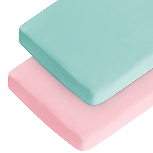 Image of Crib Mattress Sheet 2 Pack Fitted Crib Sheet (28 x 52 x 8 in) for Standard Crib Toddler Mattress Cover Soft Microfiber Breathable Baby Sheets for Boys and Girls, Blue and Pink