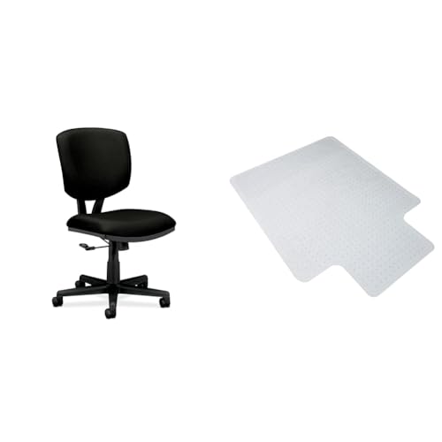 Image of HON Volt Armless Ergonomic Office Chair Adjustable Center-Tilt ReclineRolling Swivel Chair - Black Fabric + OFM Office Chair Mat for Carpeted Floors (36 inch x 48 inch)