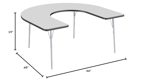 Image of FDP Horseshoe Activity School and Office Table (60 x 66 inch), Standard Legs with Swivel Glides, Adjustable Height 19-30 inches - Gray Top, Black Edge, Silver Legs