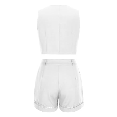 Womens 2 Piece Suits Set Button Down V Neck Vest Sleeveless Blazer Top and High Waist Pockets Shorts Trendy Outfits4