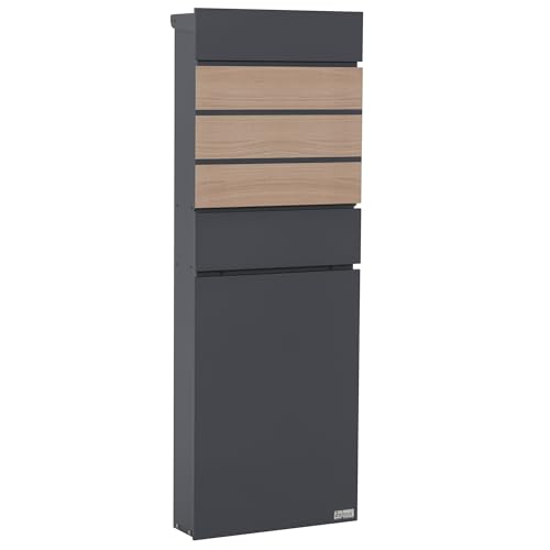 Zelsius Boîte aux Lettres avec Compartiment Journaux | Anthracite (RAL7016) Aspect Bois Hêtre | Boîte aux Lettres sur Pied avec 2 Clés et Matériel Montage...