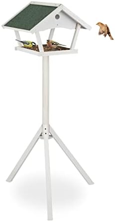 Relaxdays Comedero Pájaros Trípode, Casa Aves, Alimentador Gorriones de Pie, 139x70x60cm, Tejado, Madera, Blanco y Verde