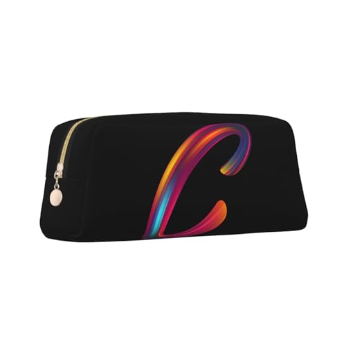 Image of Cute Initial Pencil Case for Kids Simple Leather Pencil Pouch for Boys Girls Letter Design Pencil Box Pen Bag Pencil Pouch Office Stationery Organizer, Rainbow Letter C