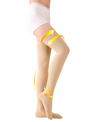 Image of TOFLY Medical Thigh High Compression Stockings for Women & Men, Closed Toe, Opaque, Firm 20-30mmHg Graduated Compression Socks with Silicone Band, Support for Varicose Veins, Edema, Travel,Beige XXL