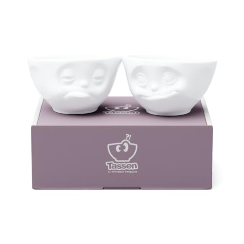 FIFTYEIGHT PRODUCTS TASSEN Medium Porcelain Bowl Set No. 3, Tasty & Snoozy Face, 6.5 oz. White (Set of 2 Bowls)