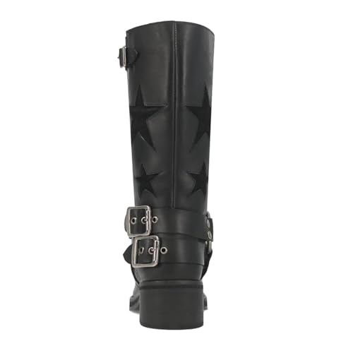 Image of Goolita Women's Buckle Biker Knee High Boots Square Toe Chunky Heel Star Moto Mid Calf Boots Slip On Motorcycle Riding Boot