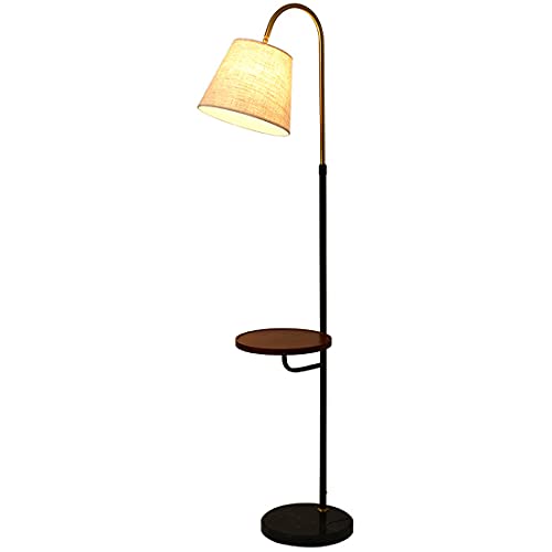 FREETT 9W LED Lámpara de Pie con Bandeja de Madera, Dormitorio Lámpara de Suelo con Carga Inalambrica y Puertos de Carga USB, Base de Mármol E27 Luz de Piso para Estudio Cover