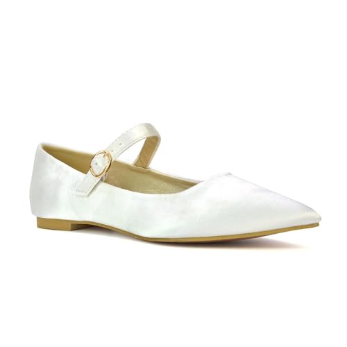 Women's Flat Mary Jane Shoes Ladies Buckle Strap Point Toe Ivory Satin Ballet Pumps Size 5
