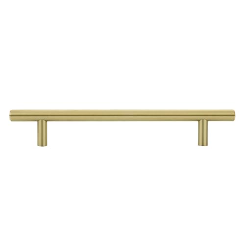 Image of Amazon Basics Euro Bar Cabinet Handles, Kitchen Cabinet Pulls, Hardware for Cupboards, 1 /2-inch Diameter, 7.38-inch Length, 5-inch Hole Center, Golden Champagne, 25-Pack