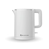 Muller Kitchen MK-6061 Hervidor de agua eléctrico (1L,1000W, doble pared, base giratoria de 360 ​​grados, apagado automático con protección contra ebullición en seco) (BLANCO)