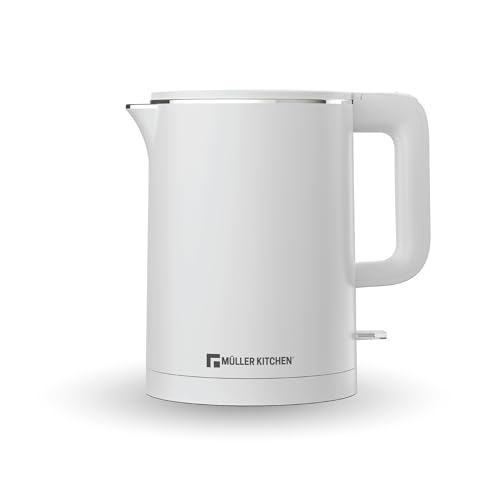 Muller Kitchen MK-6061 Hervidor de agua eléctrico (1L,1000W, doble pared, base giratoria de 360 ​​grados, apagado automático con protección contra ebullición en seco) (BLANCO)