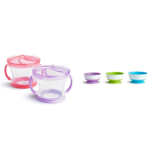 Image of Munchkin® Snack Catcher® Toddler Snack Cups, 2 Pack, Pink/Purple & ® Stay Put™ Suction Bowls for Babies and Toddlers, 3 Pack, Blue/Green/Purple