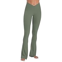 Sunzel Mini Flare Leggings for Women V Crossover Mid Rise Workout Flared Yoga Pants with Tummy Control and Wide Leg 34" Ash Green Medium