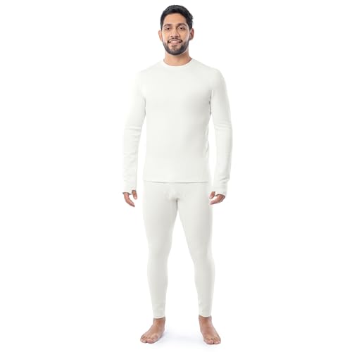 Fruit of the Loom Men's Heavyweight Brushed Back Fleece Thermal Underwear Base Layer Set, White, Medium
