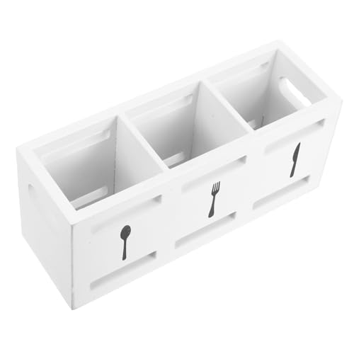 LIGIGWASH Organizador Utensilios Madera con Compartimentos para Cubiertos Soporte Cocina Caja Almacenaje Cubertero Blanco para Fiestas y Reuniones Familiares