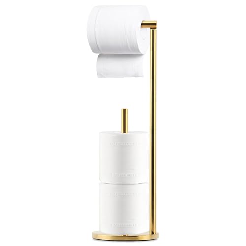 Toilet Roll Holder FreeStanding Foldable Brushed Brass Paper Holder Toilet Roll Stand Storage Stainless Steel Bathroom FreeStanding Dispenser Holds(Gold)