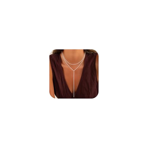 Robaice Silver Layered Long Necklace for Women, Statement Y Body Chain, Sexy Dangle Drop Beach Boho Bolo Cleavage Necklace for Vacation or Prom, 2 Pcs