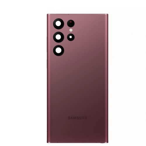 Image of Replacement Glass Back Battery Door Housing Panel with Camera Frame Logo and Adhesive Sticker for Samsung Galaxy S22 Ultra 5G SM-S908E (Burgundy)