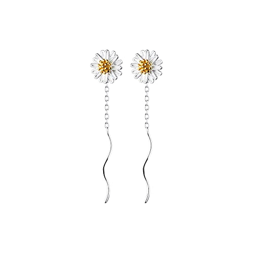 SLUYNZ 925 Sterling Silver Daisy Dangle Earrings Chain for Women Teens Flower Dangle Earrings Threader Tassel