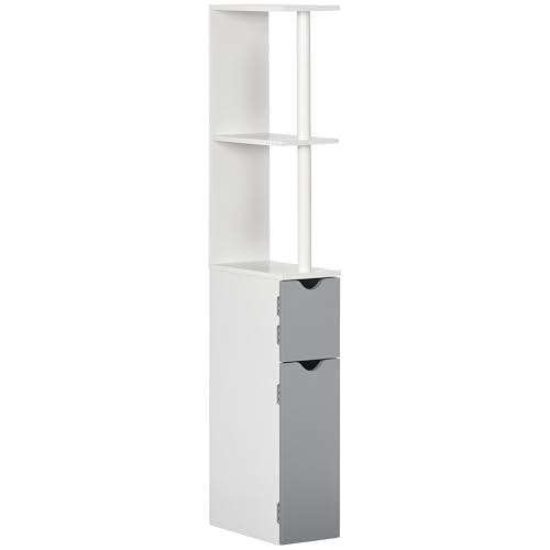 kleankin Columna de Baño Mueble de Baño con Puertas y Estantes Abiertos Armario de Baño Estilo Moderno 15,2x29,8x118 cm Blanco y Gris