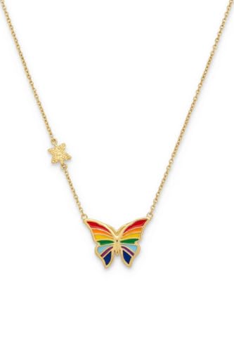 Générique Collier Papillon Femme Multicolore Arc-en-Ciel en acier inoxydable couleur dorée – Pendentif Ajustable Bijoux Fantaisie