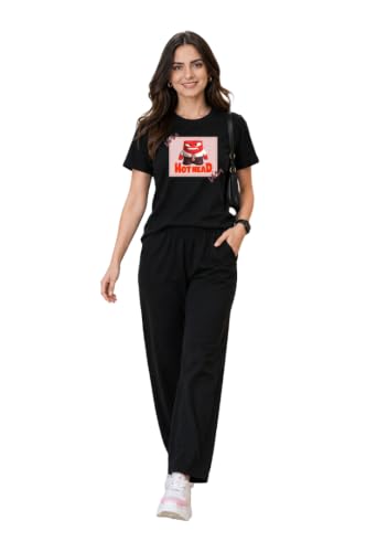 Image of ELVIA Women's Pure Cotton Top and Pyjama Co-Ord Set | Hot Head Graphic Printed Night Suit | Regular Fit Half Sleeve Round Neck T-Shirt with Pajama Loungewear Sleepwear Set for Women