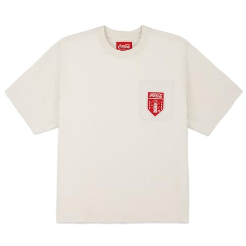Coca-Cola Nostalgia Boxy Pocket T-Shirt for Men - Official Licensed Classic Retro Heritage Graphic Crewneck Tee Sand