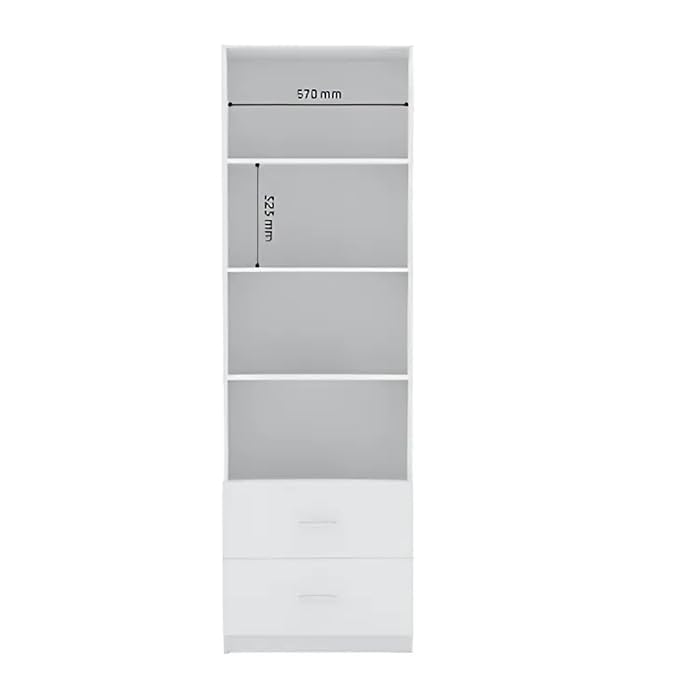 Image of Amazon Brand - Solimo Charm Engineered Wood Book Shelf with 4 Open Shelves & 2 Drawers, White Finish, Multipurpose Storage Rack for Living Room & Study | 60L x 30W x 178H CM | DIY