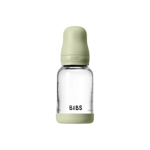 Image of BIBS Baby Glass Bottle. 4 US fl oz / 120 ml. Anti-Colic. Vented Round Natural Rubber Latex Nipple. Supports Natural Breastfeeding, Slow Flow, Complete Set - Sage
