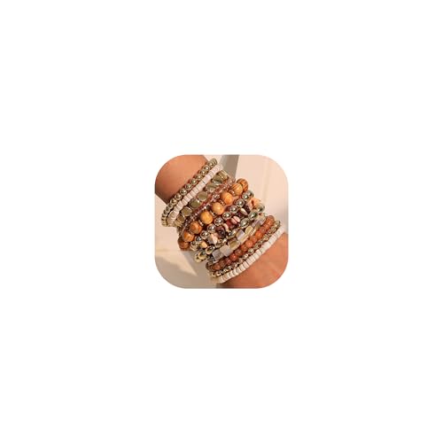 iF YOU 12 Pcs Boho Beaded Bracelets for Women, Brown Orange Bohemian Stackable Gold Bead Stretch Bracelets Stack Jewelry Gift