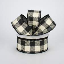 Plaid Check Wired Edge Ribbon - 10 Yards (Black, Ivory, 1.5")