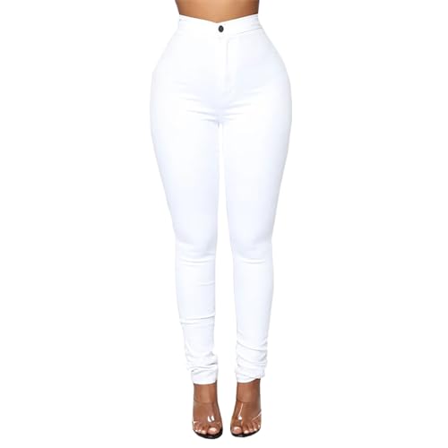 DLAYBGFA Women's High Waist Skinny Stretch Jeans Shaping Jeans Slim Fit Denim Pants Jeggings with Pockets(White,M)