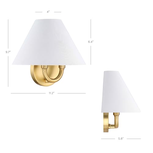 Image of Nathan James Shoal Modern Wall Light Fixture with White Linen Lamp Shade and Vintaged Brass Metal Base for Bedroom or Living Room