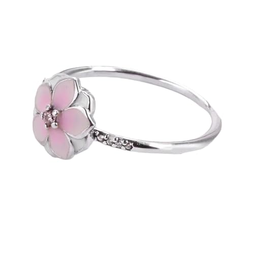 New 2024 Original Pink Enamel Magnolia Bloom Ring With Crystal For Women 925 Sterling Silver Ring Wedding Party Gift Fine Europe Jewelry Fashion Accessories Creative Gift