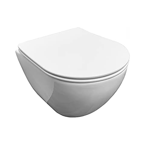 ADOB, verkürzte kurze spülrandlose wandhängende WC Keramik Toilette, platzsparend, mit passendem WC Sitz mit Absenkautomatik, 28022 Cover