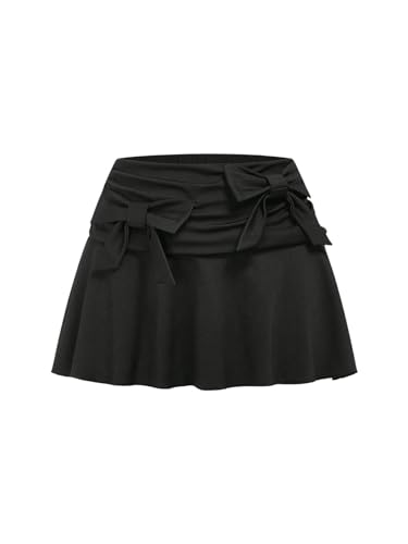 WDIRARA Women's Elastic Waist Bow Front Ruched Lettuce Trim A Line Mini Skirt