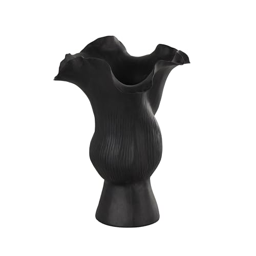 Image of Deco 79 Ceramic Abstract Floral Inspired Vase with Wavy Folded Rim and Linear Grooves, 8 inch x 7 inch x 11 inch, Black
