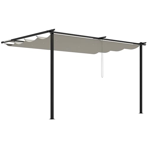 Outsunny Pérgola de Pared de Jardín 4x3 m Gazebo Exterior Cenador con Techo Retráctil Tela de Poliéster y Marco de Acero para Patio Terraza Balcón Crema