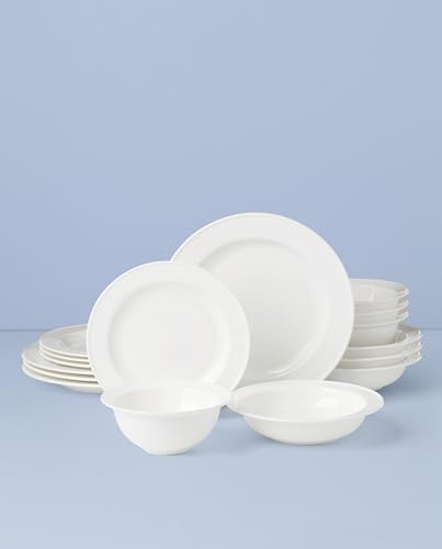 Image of Lenox Dinnerware Sets, Studio 1414 Rimmed 16-Piece Dinnerware Set, Service For 4, Bone China Material, Dishwasher Safe, Microwave Safe, Plates, Bowls, Plates And Bowls, Dinner Dishes (White, 16 Piece)