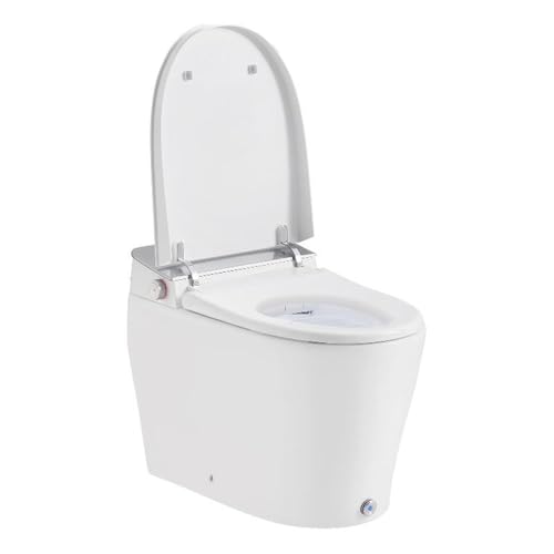 Sanitario inteligente Pemberly Row con bidet, doble descarga 1.28/0.92 GPF, tanque integrado, material cerámico, asiento calefactable, luz nocturna, control remoto, diseño compacto alargado, baño moderno miniatura 1