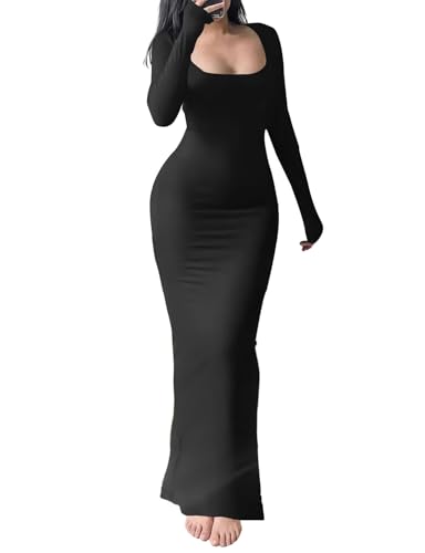 HBQ Women's Bodycon Maxi Dress Long Sleeve Square Neck Lounge Dresses Sexy Night Out Party Dress-Black-L