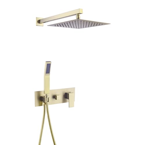 XJTNLB Robinet Douche Encastrable 10 in Carré Mitigeur Bain Douche Poignée Unique Pommeau de Douche Economie Deau Double Fonction,Or Brossé