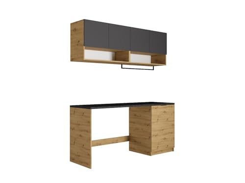 Set di mobili da lavanderia per lavatrice, mobile alto L182 x P40 x H60 cm, mobile basso L180 x P58 x H90 cm, colore Antracite e Naturale chiaro, 2 nicchie, 5 ante, 1 ripiano, 1 portasciugamani in metallo Bianco, installazione reversibile, NATAJI