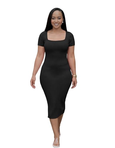 Image of TOPSRANI Women Sexy Midi Dress Bodycon Casual Sleeveless Basic Ruched Tank Summer Club Party Dresses