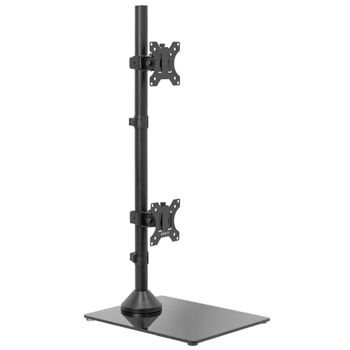Image of VIVO Dual Monitor Desk Stand with Tempered Glass Base, Free-Standing LCD Mount, Holds in Stacked Vertical Position 2 Ultrawide Screens up to 34 inches, Black, STAND-V002LG