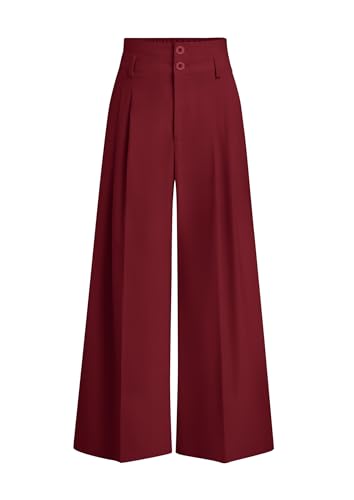 PRETTYGARDEN Womens Spring Wide Leg Palazzo Pants 2026 Trendy Loose Button High Waist Pleated Work Business Casual Trousers (Wine Red,Large)