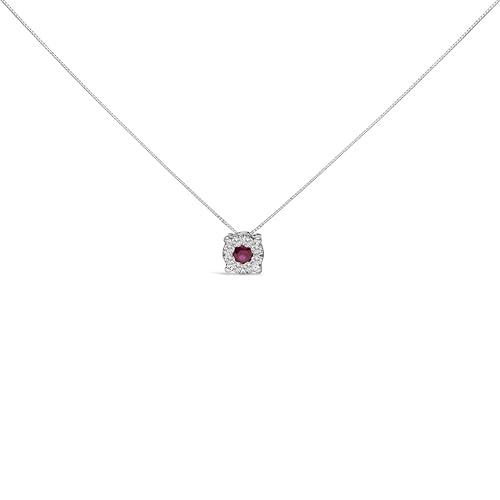 14K White Gold Red Ruby and 1/3 Cttw Diamond Halo Pendant Necklace